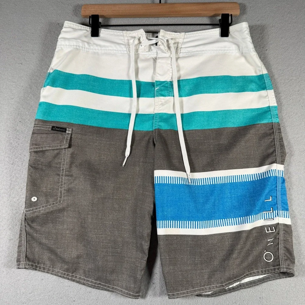 ONeill Men Board Shorts Size 32 Teal White Grey Striped Cargo Pocket Swim Trunks